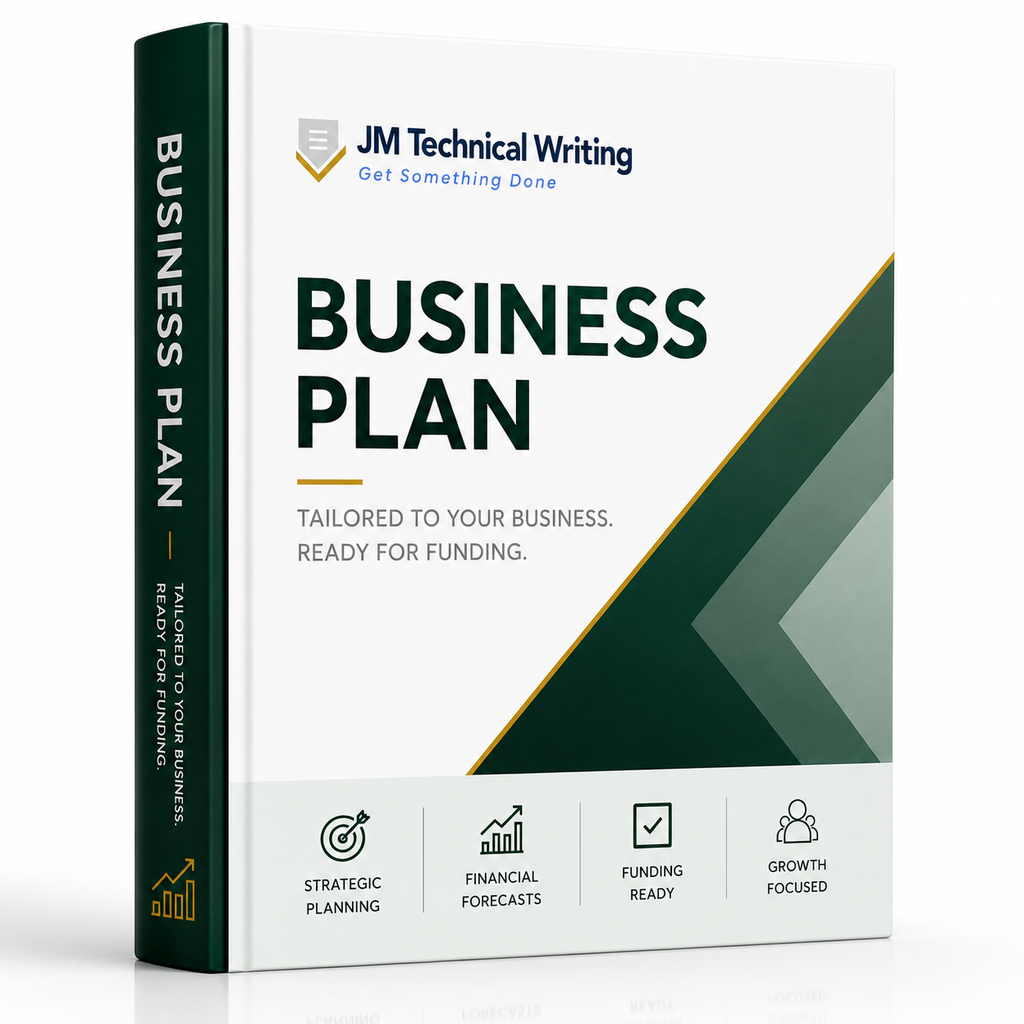 A 3D mockup of a business plan book by JM Technical Writing, featuring a white front cover with dark green and gold geometric accents, and a dark green spine.