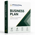 A 3D mockup of a business plan book by JM Technical Writing, featuring a white front cover with dark green and gold geometric accents, and a dark green spine.