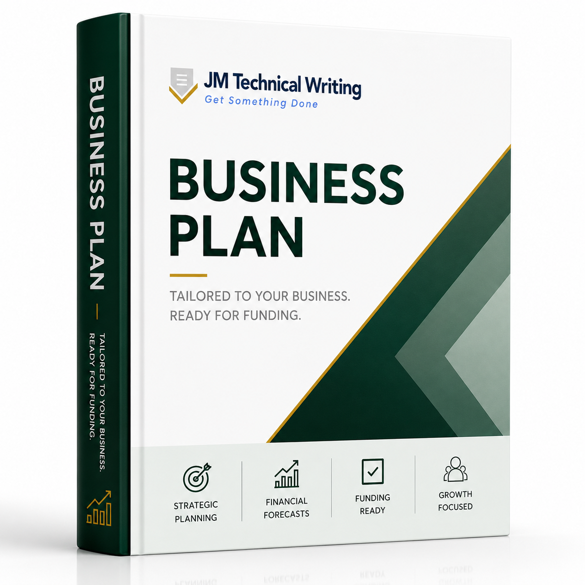 A 3D mockup of a business plan book by JM Technical Writing, featuring a white front cover with dark green and gold geometric accents, and a dark green spine.