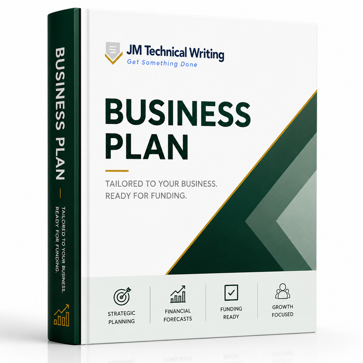 A 3D mockup of a business plan book by JM Technical Writing, featuring a white front cover with dark green and gold geometric accents, and a dark green spine.