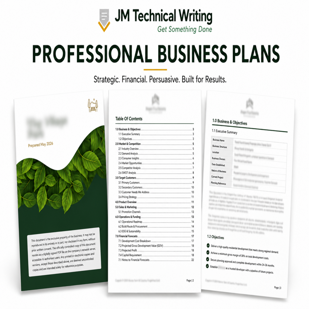 Three sample business plan document pages displayed on a white background under the heading 'PROFESSIONAL BUSINESS PLANS' and the brand name 'JM Technical Writing'. The pages show a cover with green leaves, a table of contents, and a business objectives section.