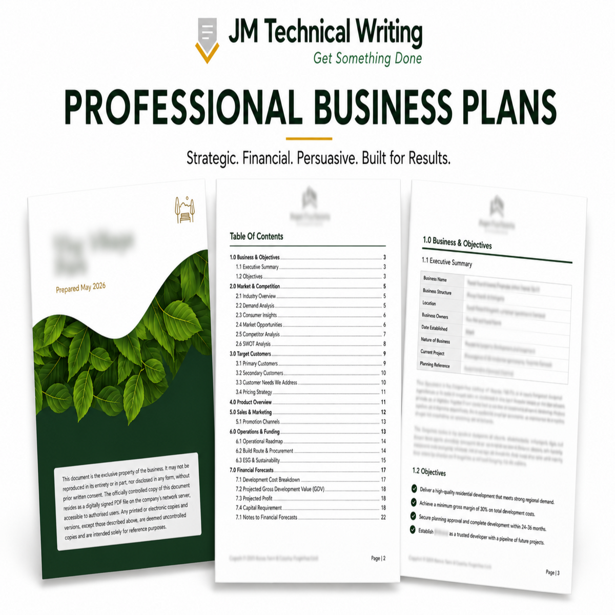 Three sample business plan document pages displayed on a white background under the heading 'PROFESSIONAL BUSINESS PLANS' and the brand name 'JM Technical Writing'. The pages show a cover with green leaves, a table of contents, and a business objectives section.