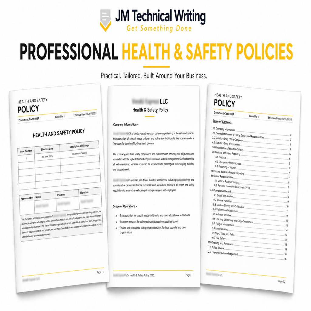 Three sample pages of a Health & Safety Policy document template displayed on a white background, with the header 'JM Technical Writing' and 'PROFESSIONAL HEALTH & SAFETY POLICIES' above.