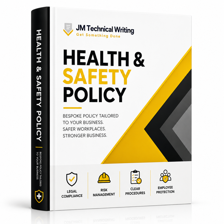 A 3D mockup of a book titled 'Health & Safety Policy' by JM Technical Writing, featuring a white cover with black and yellow text and graphics, and a black spine.