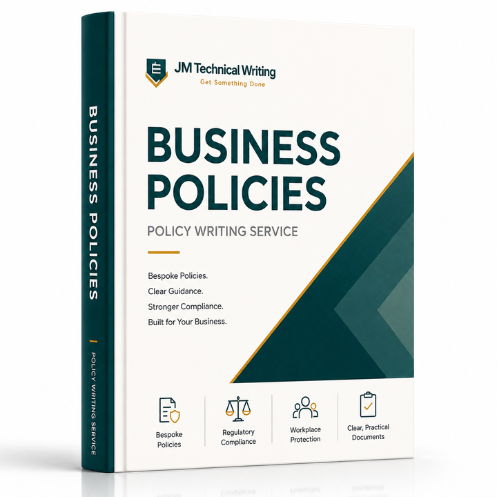 Bespoke business policy writing service by JM Technical Writing for tailored company policies and professional business documentation.