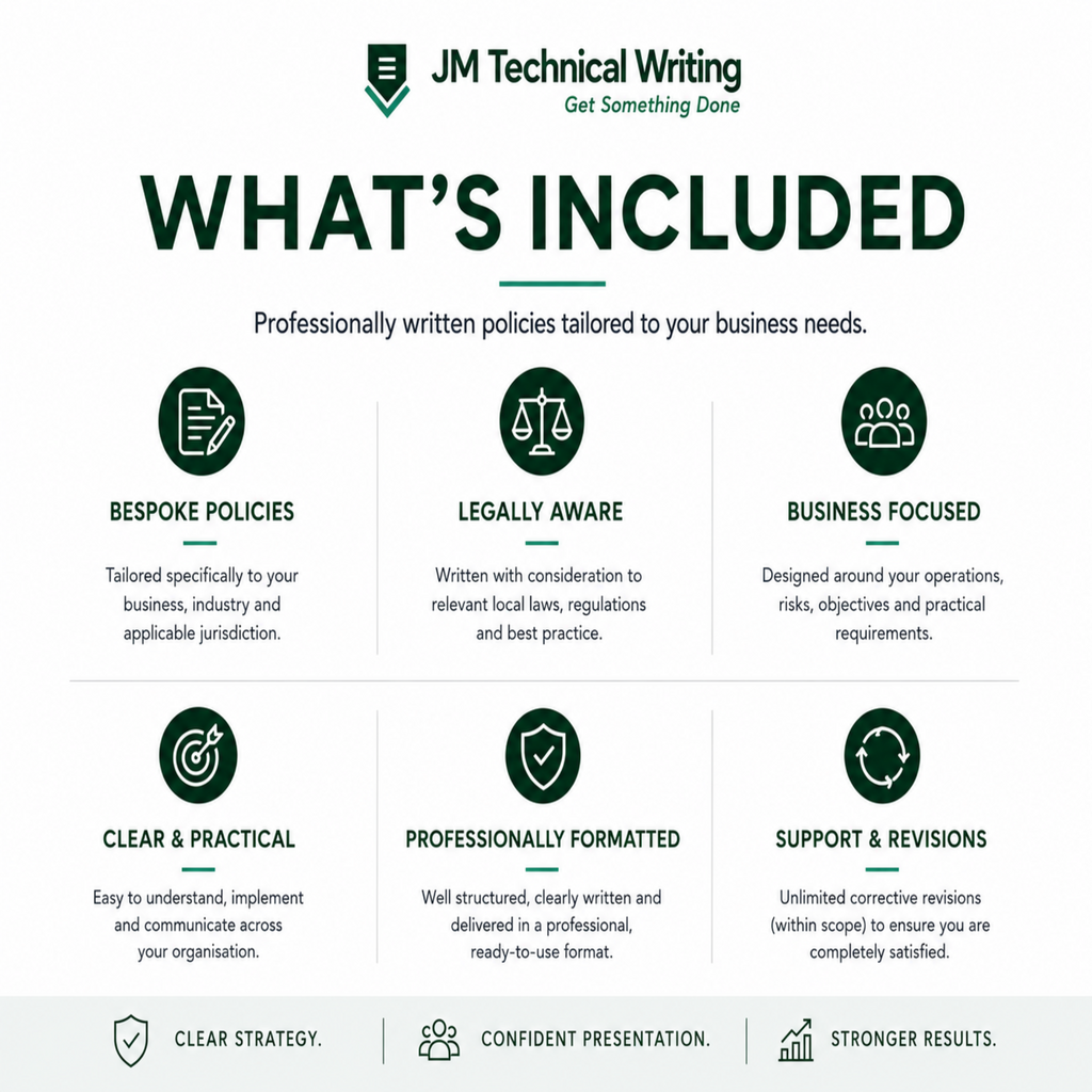 An informational graphic titled 'WHAT'S INCLUDED' from JM Technical Writing, showing six service areas with icons and short descriptions on a white background with dark green text and accents.