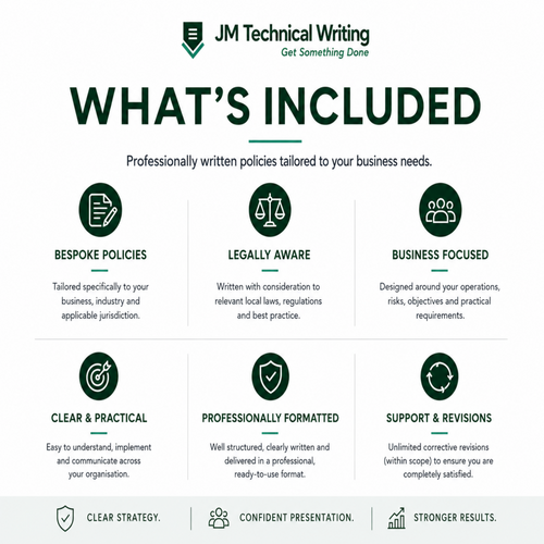 An informational graphic titled 'WHAT'S INCLUDED' from JM Technical Writing, showing six service areas with icons and short descriptions on a white background with dark green text and accents.