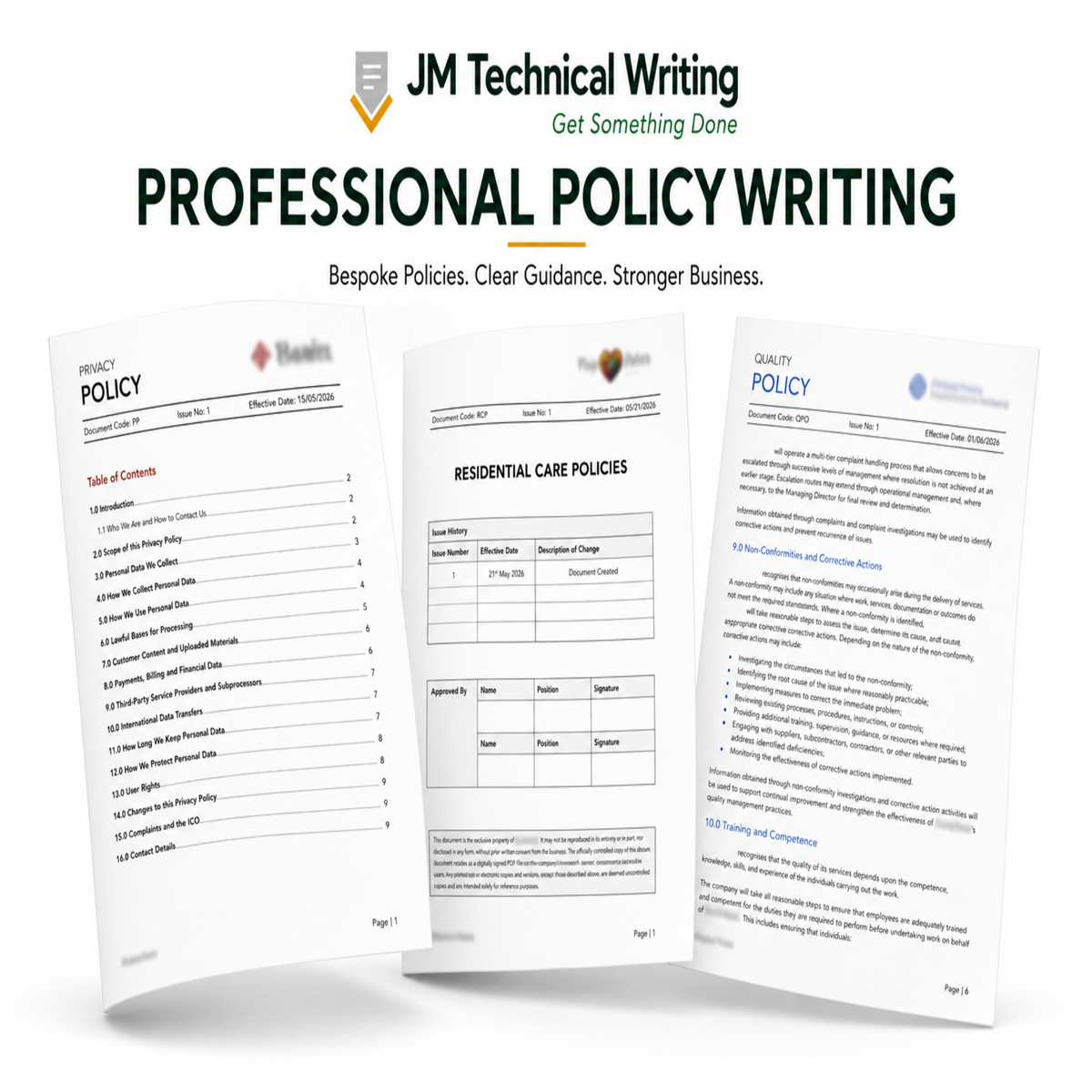 Three sample policy document pages displayed on a white background with the heading 'PROFESSIONAL POLICY WRITING' and the brand name 'JM Technical Writing' at the top.