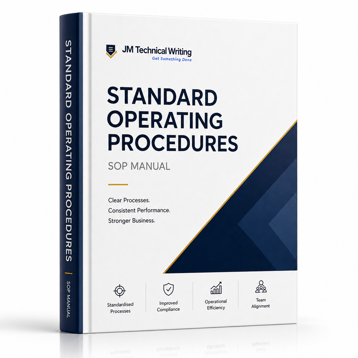 A 3D mockup of a 'Standard Operating Procedures' (SOP) manual book cover by JM Technical Writing, featuring a white front cover with navy blue and gold accents, and a navy blue spine.