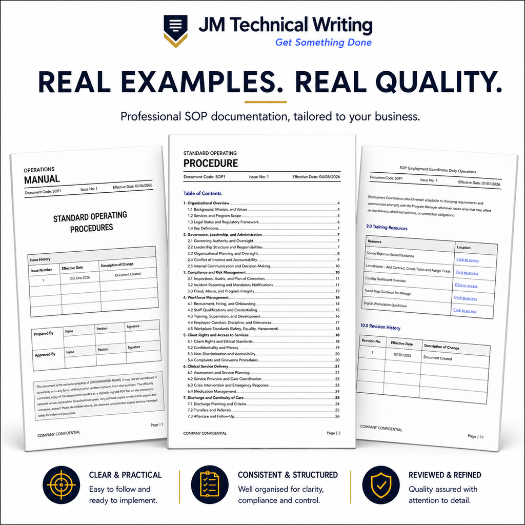 Promotional graphic for JM Technical Writing showing three sample document pages (operation manual, standard operating procedure, and safety manual) on a white background with the headline 'REAL EXAMPLES. REAL QUALITY.