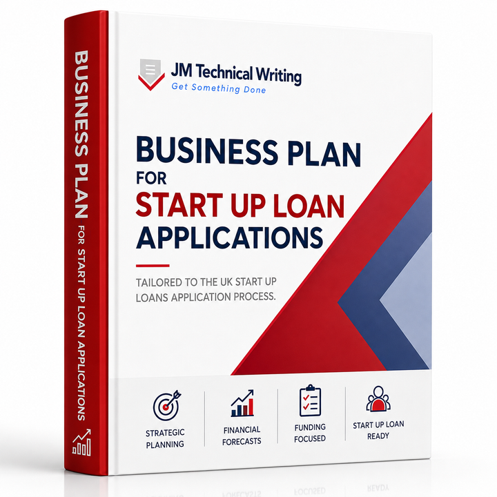 A 3D box mockup representing a business plan guide titled 'Business Plan for Start Up Loan Applications' by JM Technical Writing. The box features a white front cover with red and blue geometric accents, a red spine, and black and red text.
