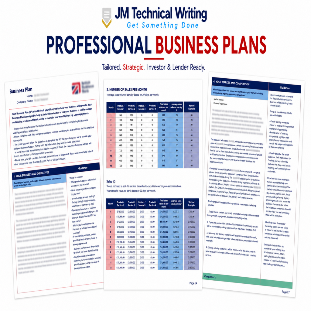 A promotional graphic for a business plan template package by JM Technical Writing, showing three sample document pages with tables and text layout on a white background with blue and red headline text.